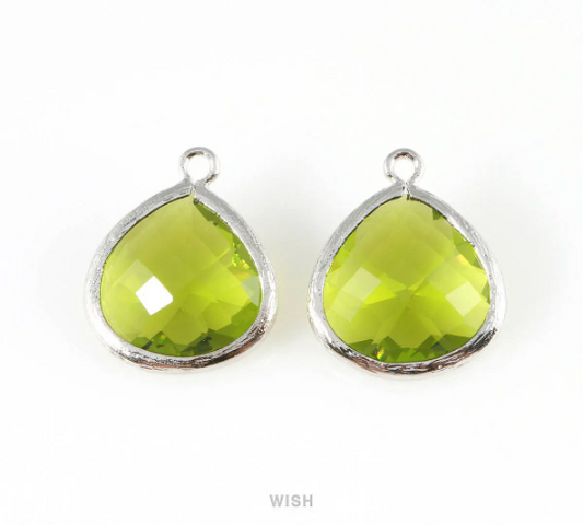 Dark Apple Faceted Glass Charm in Rhodium, Framed Drop Glass Bead / GDARH-001-P (Large)
