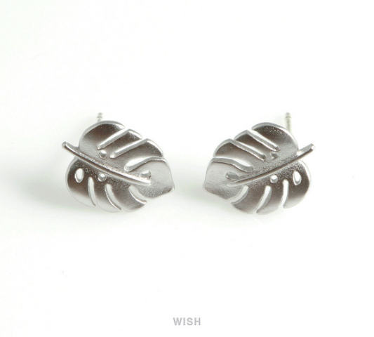 Monstera Leaf Stud Earrings in Matte Rhodium, Monstera Leaf Ear Studs / MMRH-435-E