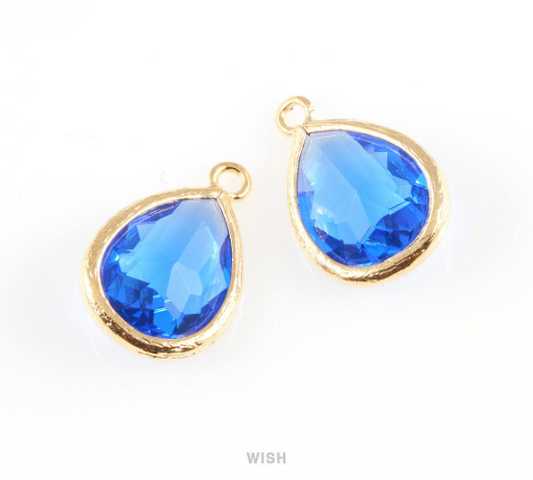 Cobalt Blue Teardrop Glass Charm in Gold, Framed Drop Glass Gem / GCTG-005-P