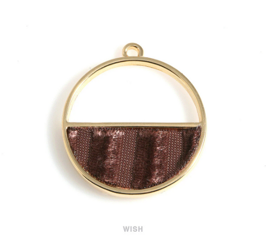 Brown Velvet Circle Pendant in Gold Frame, Chocolate Velvet Round Charm / MG-BW-517-P