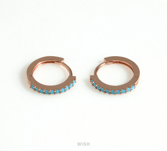 Turquoise Clip Hoop Earrings in Rose Gold, Turquoise Hoop Earrings / CRG-083-E2