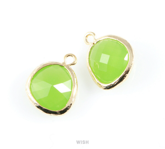 Peridot Faceted Glass Charm in Gold, Framed Drop Glass Gem / GPDG-004-P