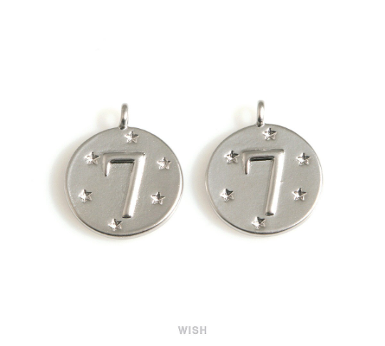 Lucky Seven on Coin Pendants in Matte Rhodium, Lucky Seven Coin Charms / MMRH-697-P