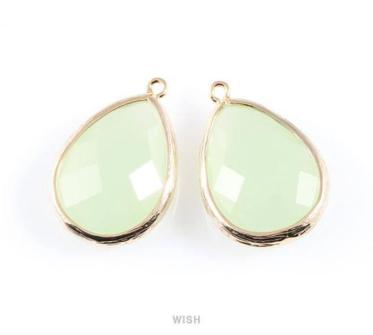 Light Mint Teardrop Glass Charm in Gold, Framed Drop Glass Gem / GLMG-044-P