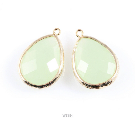 Light Mint Teardrop Glass Charm in Gold, Framed Drop Glass Gem / GLMG-044-P