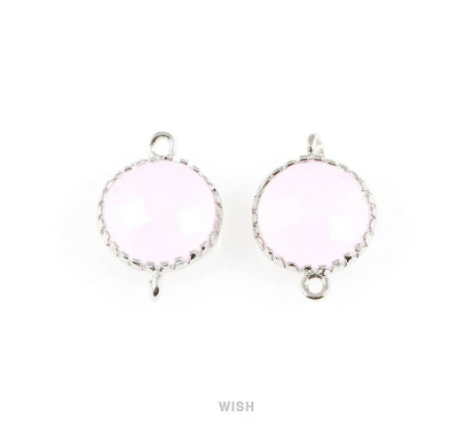 Rose Quartz Faceted Glass Connector in Rhodium, Framed Round Connector/ GRQRH-008-P