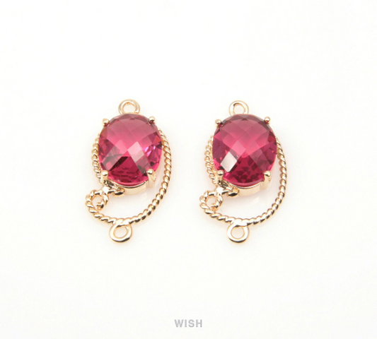 Ruby Oval Glass Charm in Gold, Framed Drop Glass Gem / GRBG-096-P