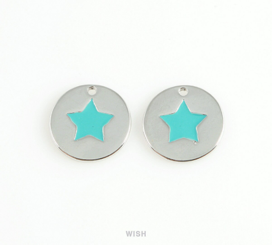 Turquoise Star Disc Pendants in Rhodium, Mint Star Charm /MRH-406-P