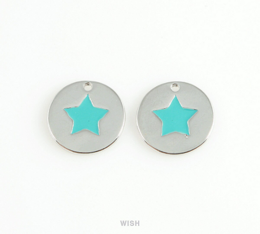 Turquoise Star Disc Pendants in Rhodium, Mint Star Charm /MRH-406-P