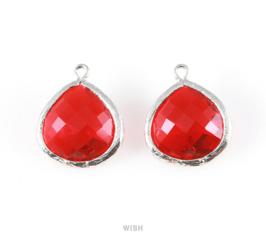 Garnet Faceted Glass Charm in Rhodium, Framed Drop Glass Bead /GGNRH-001-P (Large)