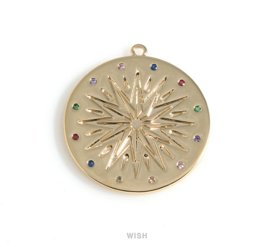Large Gold Star Disc with Birthstone Pendant, Multi Color Coin Gemstone / MG-428-P2 (1pcs)