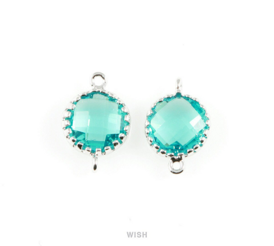 Blue Zircon Faceted Glass Connector in Rhodium, Framed Round Connector/ GBZRH-008-P