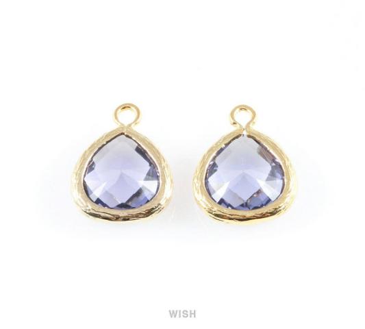 Amethyst Faceted Glass Charm in Gold, Framed Drop Glass Bead /  GTZG-003-P (Small)
