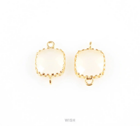 White Alabaster Faceted Glass Connector in Gold, Framed Square Connector / GWAG-007-P