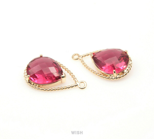 Ruby Teardrop Glass Charm in Gold, Framed Drop Glass Gem / GRBG-094-P