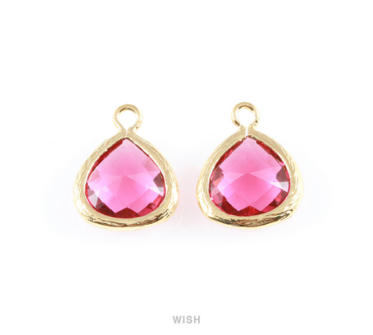Ruby Faceted Glass Charm in Gold, Framed Drop Glass Bead / GRBG-003-P (Small)