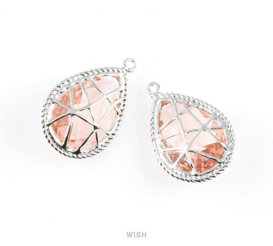 Peach Teardrop Glass Charms in Rhodium, Framed Drop Pendant /GPCRH-022-P