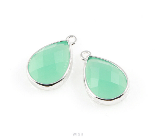 Mint Teardrop Glass Charm in Rhodium, Framed Drop Glass Gem / GMTRH-037-P