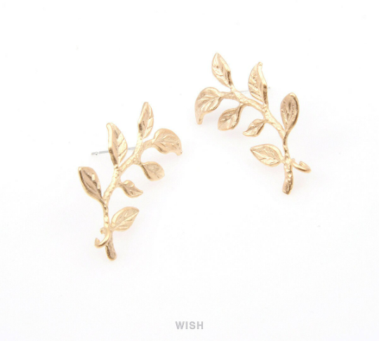 Leaves and Branch Stud Earrings in Matte Gold, Branch Ear Studs / MMG-260-E
