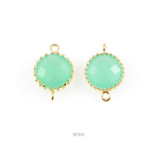 Mint Faceted Glass Connector in Gold, Framed Round Connector /GMTG-008-P