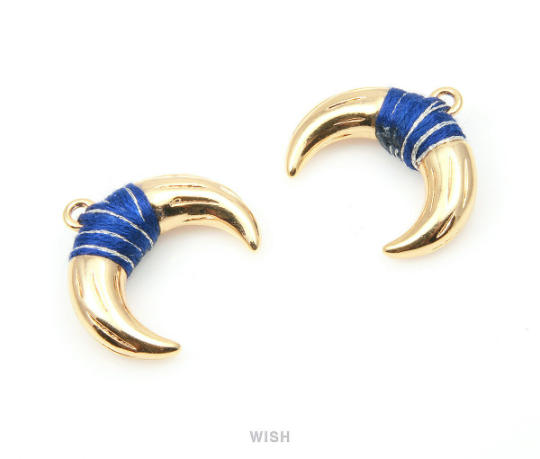Metal Horn Pendant in Gold with Navy Strap, 16k Gold Bull's Horn Charm/ MNVG-004-P (Large)