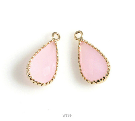 Rose Quartz Glass Drop Charm in Gold, Rose Quartz Teardrop Pendant / SRQG-117-P