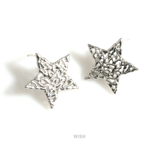 Mesh Star Stud Earrings in Matte Rhodium, Large Star Post Earrings / MMRH-703-E