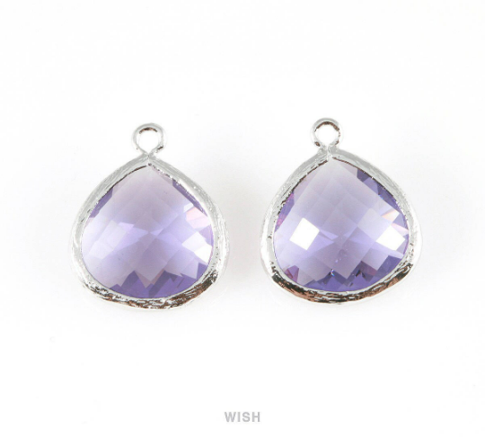 Amethyst Faceted Glass Charm in Rhodium, Framed Drop Glass Bead / GTZRH-001-P (Large)