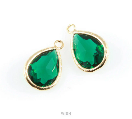 Emerald Teardrop Glass Charm in Gold, Framed Drop Glass Gem/ GEMG-005-P