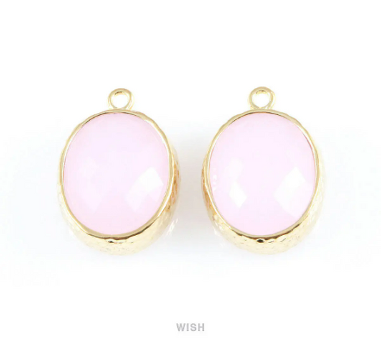 Rose Quartz Faceted Glass Charms in Gold, Framed Oval Pendant  / GRQG-009-P