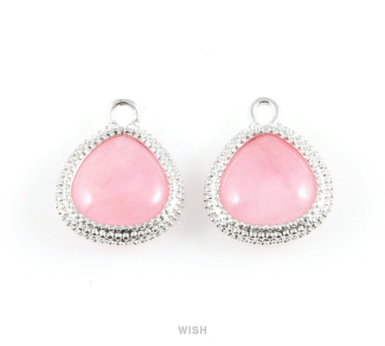Rose Quartz Triangle Synthetic Stone Charms in Matte Rhodium, Framed Triangle Gems /SRQMRH-026-P