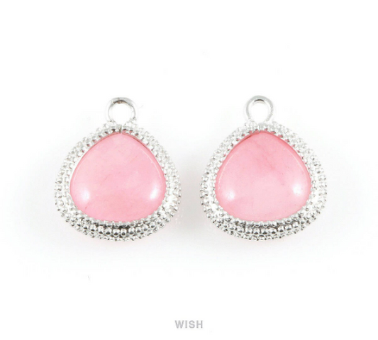 Rose Quartz Triangle Synthetic Stone Charms in Matte Rhodium, Framed Triangle Gems /SRQMRH-026-P