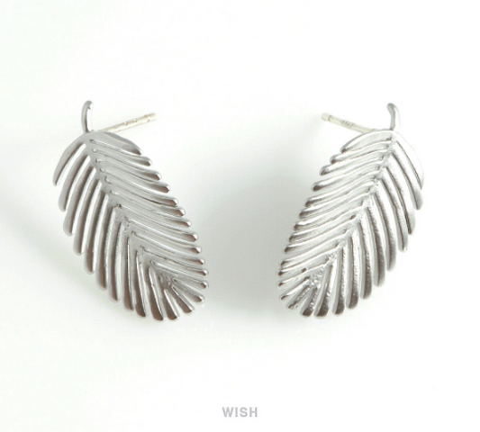 Banana Leaf Stud Earrings in Matte Rhodium, Palm Tree Leaf Studs / MMRH-434-E