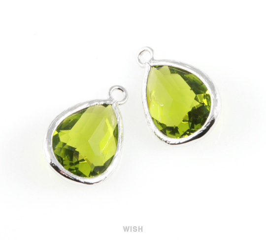 Dark Apple Teardrop Glass Charm in Rhodium, Framed Drop Glass Gem / GDARH-005-P