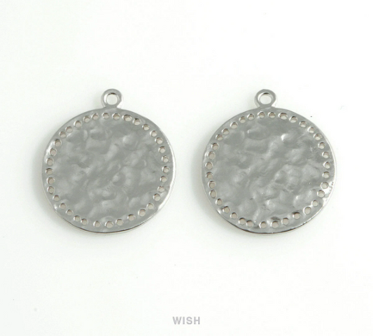 Hammered Disc Pendant in Matt Rhodium, Hammered Coin Charm / MMRH-447-P