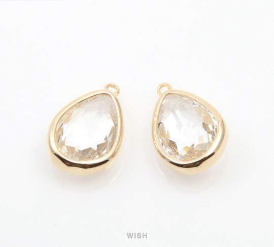 Clear Drop Charm in Gold, Crystal Drop Framed Pendant / SCLG-112-P