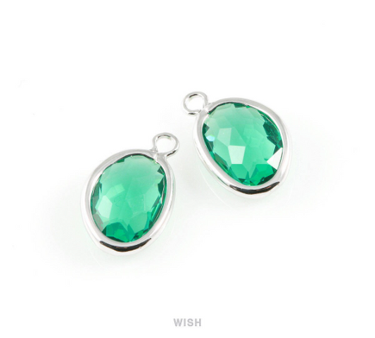 Emerald Pear Glass Charm in Rhodium, Glass Framed Pendant / GEMRH-040-P