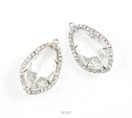 Briolette Clear Glass with Rhinestone in Rhodium, Framed Gem Pendant / GCLRH-043-P