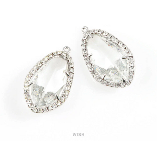 Briolette Clear Glass with Rhinestone in Rhodium, Framed Gem Pendant / GCLRH-043-P