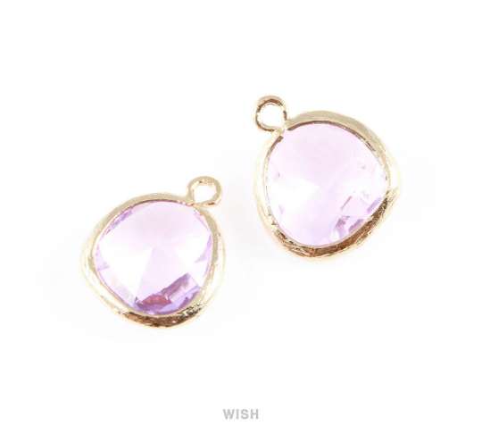 Light Amethyst Faceted Glass Charm in Gold, Framed Drop Glass Gem/ GLDG-004-P (Medium)