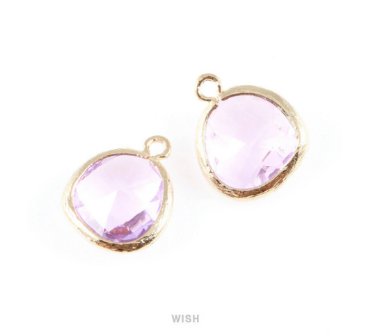 Light Amethyst Faceted Glass Charm in Gold, Framed Drop Glass Gem/ GLDG-004-P (Medium)