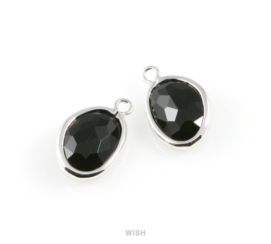 Jet Pear Glass Charm in Rhodium, Glass Framed Pendant / GJTRH-040-P