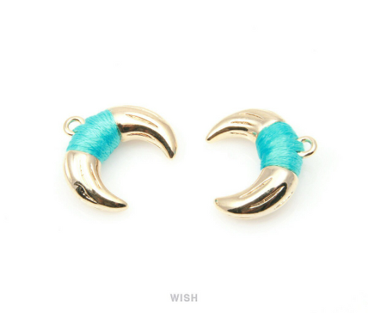 Metal Horn Pendant in Gold with Mint Strap, 16k Gold Bull's Horn Charm /MMTG-003-P (Small)