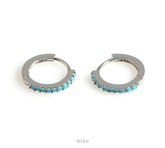 Turquoise Clip Hoop Earrings in Rhodium, 10 Turquoise Hoop Earrings / CRH-083-E2