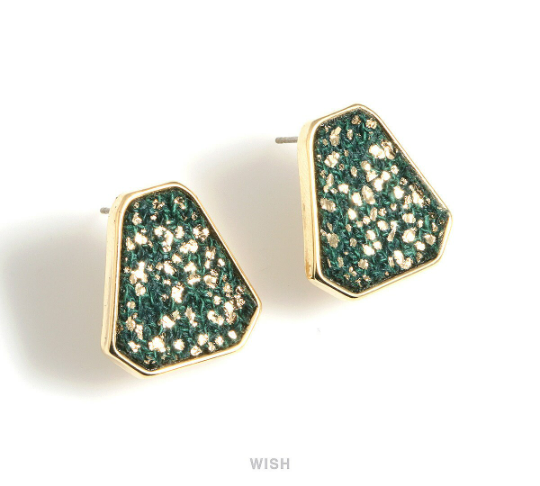 Six Angles Dark Green Fabric Drop with Gold Leaf Stud Earrings in Gold, Six Angles Drop Studs /MDGG-516-E