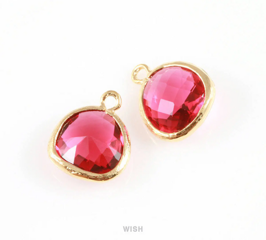 Ruby Faceted Glass Charm in Gold, Framed Drop Glass Gem / GRBG-004-P