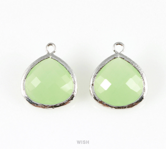 Light Mint Faceted Glass Charm in Rhodium, Framed Drop Glass Bead / GLMRH-001-P (Large)