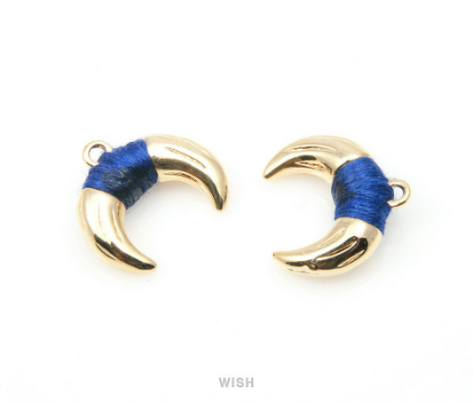 Metal Horn Pendant in Gold with Navy Strap, 16k Gold Bull's Horn Charm/ MNVG-003-P (Small)