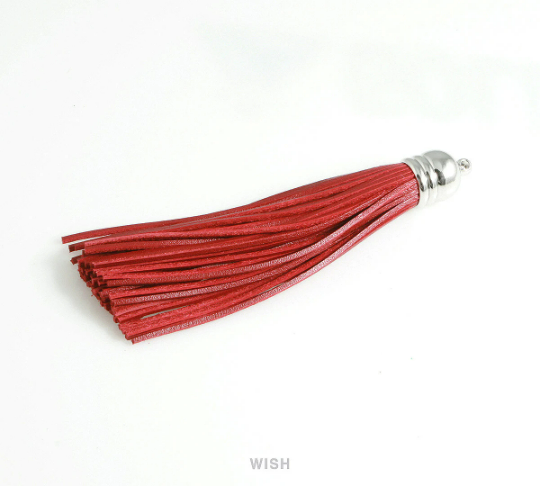Red Leather Tassel with Bell Cap in Rhodium, Red Cowhide Tassel /LRDRH-006-T (1 piece)