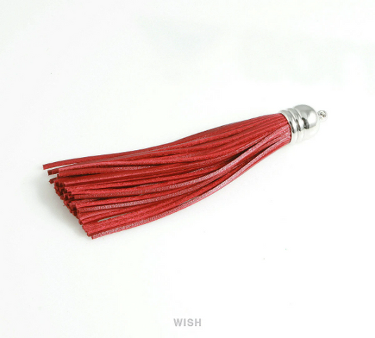 Red Leather Tassel with Bell Cap in Rhodium, Red Cowhide Tassel /LRDRH-006-T (1 piece)